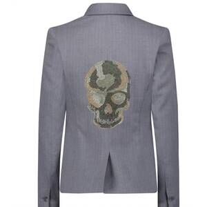 NEW HIPCHIK women's tonal crystal skull pinstripe blazer in pinstripe grey